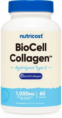 Nutricost BioCell коллаген (1000 мг) 120 капсул - гидролизованный коллаген типа II - Изображение 1 из 4