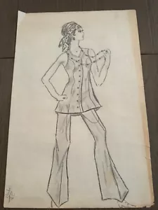 Disegno artistico originale vintage anni 60 fashion design firmato donna hippy - Foto 1 di 13
