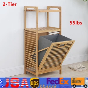 Bamboo Bathroom Laundry Hamper Cabinet Tilt Out Basket Storage with 2-Tier Shelf - Picture 1 of 12