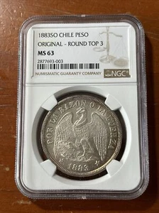 Chile 1883-SO Peso Original - Round Top "3" NGC MS-63 - Picture 1 of 4