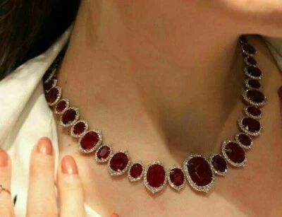 30Ct Simulierte Granat Tennis Halsketten-Ohrringe 925 Silber 14K Weiß Vergoldet - Bild 1 von 4