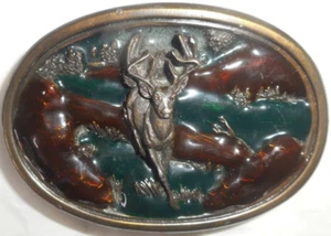 Bergamot Brass Works 1983 Enamel Deer Running 3D Nature Scene Hunter Belt Buckle - Picture 1 of 11