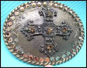 Signed Heavy Designer Rhinestone Gothic Looking CROSS Belt Buckle - Picture 1 of 3
