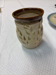 Handmade Pottery Candle Holder Signed Pierced Leaf Design Beige Brown Rust Band - Picture 1 of 5