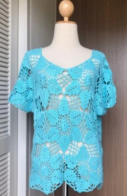 Blusa para mujer Tops tejida a mano azul pulpa de bambú manga corta talla L Foto 1 de 4