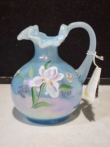 1998 Fenton Glass Misty Blue Satin Irises 7" Hand Painted Pitcher - Picture 1 of 6