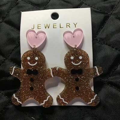 Acrílico Brillante Pan de Jengibre Hombre Pendientes Colgantes Navidad Foto 1 de 4