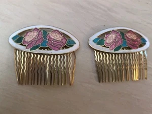 Pair VTG Cloisonne Goldtone Enamel Flowers Hair Combs - Picture 1 of 5