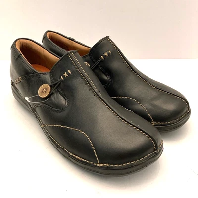 CLARKS Unstructured Black Leather Slip On Comfort Shoes Button Women's 11M - Image 1 of 4
