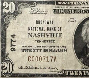 The Broadway NB of Nashville, Tennessee TN $20 Series 1929 National Banknote - Picture 1 of 3