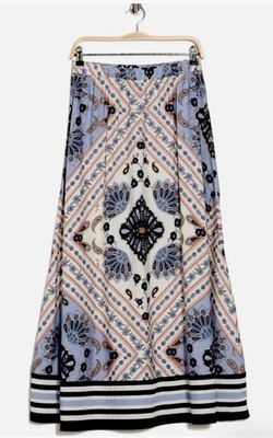 Maxi Falda Lavandería Shelli Segal Talla L Paisley Línea A Blanca Azul Marino Boho Festival Foto 1 de 4