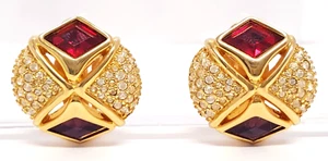 Swarovski Crystal Earrings Swan Signed Round Gold Plated Cluster Red Purple Vtg - Picture 1 of 15