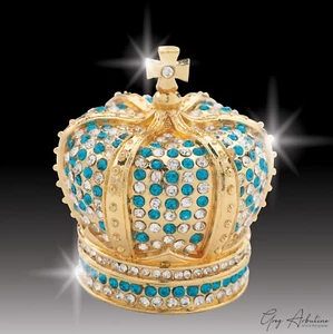 Artist Greg Arbutine Metal Gold Enameled Crown Box Turquoise and White Crystals - Picture 1 of 5