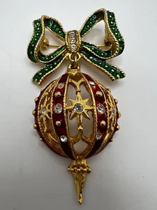 Vintage Gold Tone Enamel Rhinestones Bow Dangle Christmas Ornament Pin Brooch - Picture 1 of 3