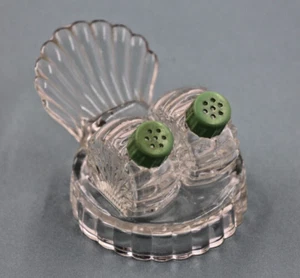Vintage Art Deco Seashell Glass Retro Salt & Pepper Shakers with Tray Green Lids - Picture 1 of 8