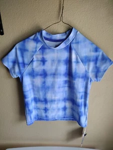 NWT Athleta Girl Blue Tie Dye Mock Neck Short Sleeve Rash Guard Sz 12-Beach Swim - Picture 1 of 9