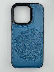 iPhone 14 Pro Aqua Blue Mandala Cell Phone Wallet Case with Card Holder NEW - Picture 1 of 7