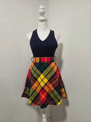 1970s PANDORA DK BLUE KNIT HALTER & YELLOW/RED PLAID SKIRT MOD/GOGO MINI DRESS - Image 1 of 4