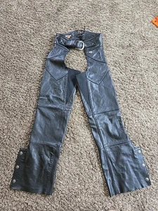 Vtg Leather Harley Davidson Motorcycle Chaps Black Sz Women XS Made in USA - Picture 1 of 12