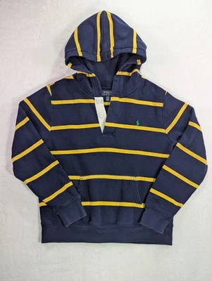 Polo Ralph Lauren Azul Marino con Rayas Amarillas Pullover Sudadera con Capucha 1/4 Botón Niños L (14-16) Foto 1 de 4