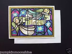 Vintage unbenutzte Brownie Weihnachten Grußkarte Engel & Buntglasfenster, schön - Bild 1 von 3
