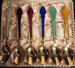 Set (6) Meka Denmark Sterling Silver &Enamel Demitasse Spoons, c. 1950 orig box - Picture 1 of 8