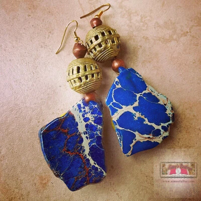 Pendientes colgantes de losa de piedras preciosas de jaspe matriz azul joyería cuentas africanas Foto 1 de 4