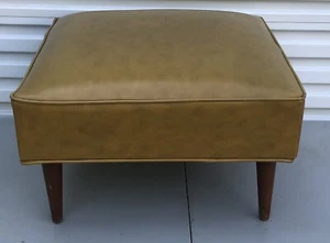 Vintage MCM Retro Yellow Gold Ottoman Foot Stool Square 22”x14” Vinyl Wood Legs - Picture 1 of 14