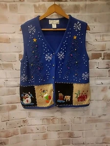 Vintage Ugly Christmas Sweater Vest Women Large Bells Holiday  Patchwork Jingly - Picture 1 of 10