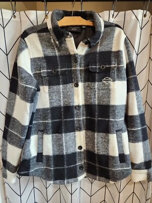 Harley Davidson Plaid Flannel Fleece Lined Logo Shirt Size Large Black White - Image 1 of 4