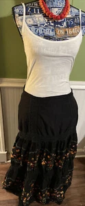 Femme Black Tiered Mexican Embroidered Crochet Floral Boho Full Maxi Skirt 10 M - Picture 1 of 5
