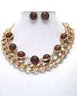 Brown Multi Ball Stone Thick Chain Double Layer Necklace And Earrings Set