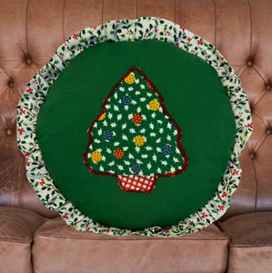 Vintage Handmade Circular Christmas Pillow with Tree Patch – 9.75” Holiday Décor - Picture 1 of 5