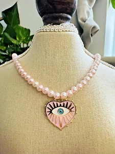 Pink Pearl Necklace with Evil Eye Heart Pendant β Handmade Kawaii Gift - Picture 1 of 2