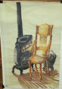ELAINE ALFOLDY CHAIR AND STOVE WATERCOLOR ON TISSUE PAINTING - Picture 1 of 4