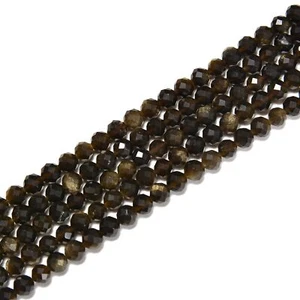 Cuentas redondas facetadas de obsidiana brillante dorado tamaño 2 mm 3 mm 4 mm 15,5"" cadena - Imagen 1 de 2