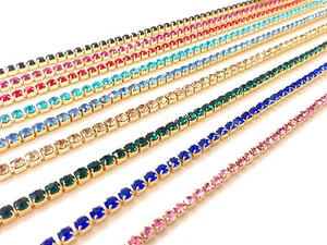 1m Diamante/Rhinestone Crystal Colour Chain Trim Lace Gold Base A Quality - Picture 1 of 10