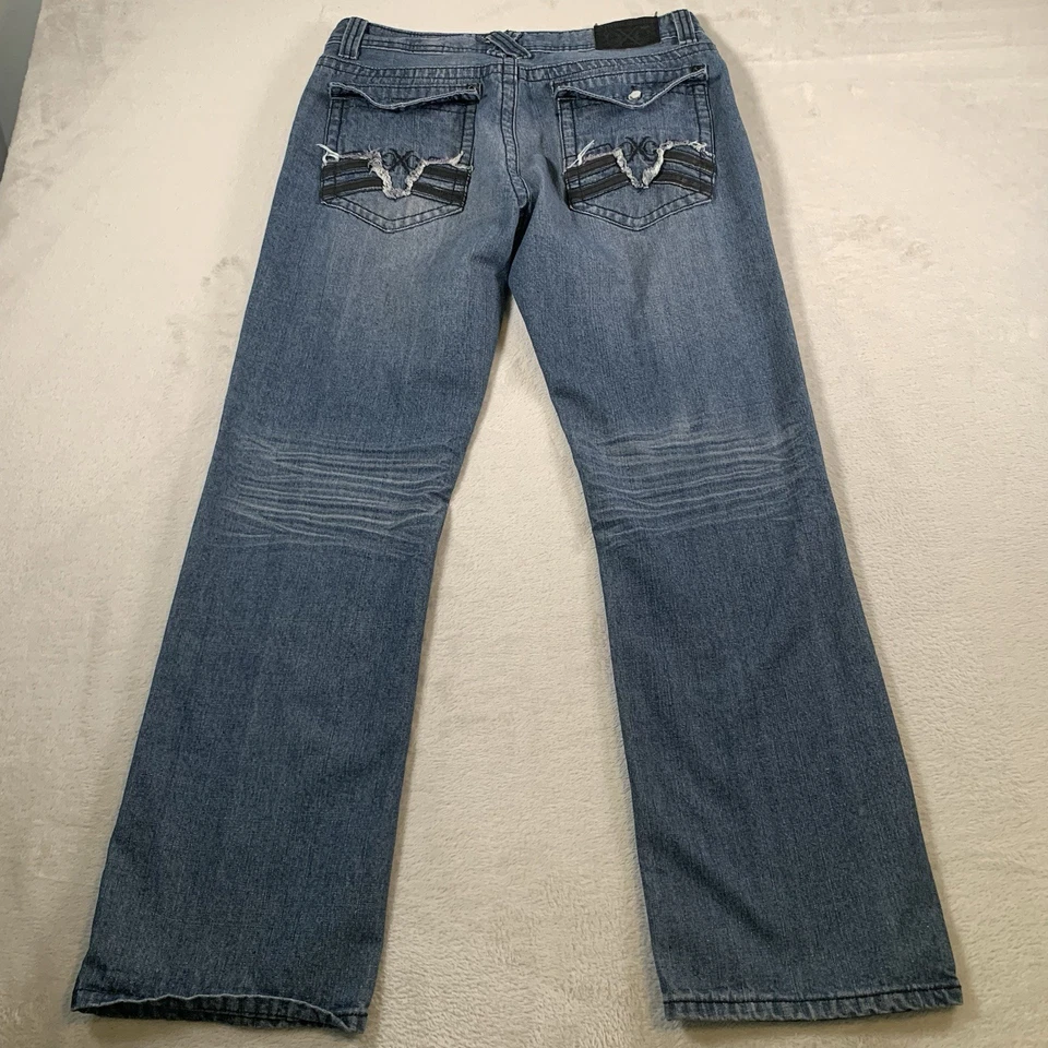 Pantalones de mezclilla Xtreme Couture para hombre 33x31 Y2K bordados cruzados holgados RAROS azules tiro medio Foto 1 de 4