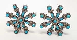 Turquoise Petit Point Sterling Silver SW Earrings Flower Snowflake Vtg Clip 1" T - Picture 1 of 17