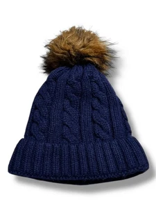 Marine Zopfmuster Kunstfell Bommel Beanie Mütze Fleece gefüttert Winter warm Bommelmütze - Bild 1 von 7
