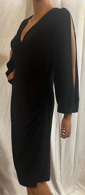 Lauren - Ralph Lauren Black Jersey Sheath Dress Faux Wrap Side Shirring Size 12  - Image 1 of 4