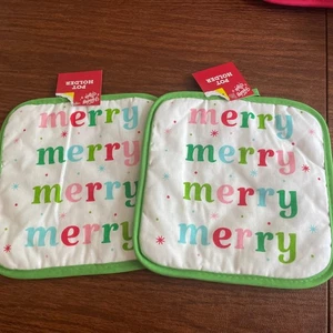 "NUEVO CON ETIQUETAS ~ Dos soportes para ollas de Navidad / vacaciones ~ Merry Merry ~ 8 x 8""" - Imagen 1 de 5