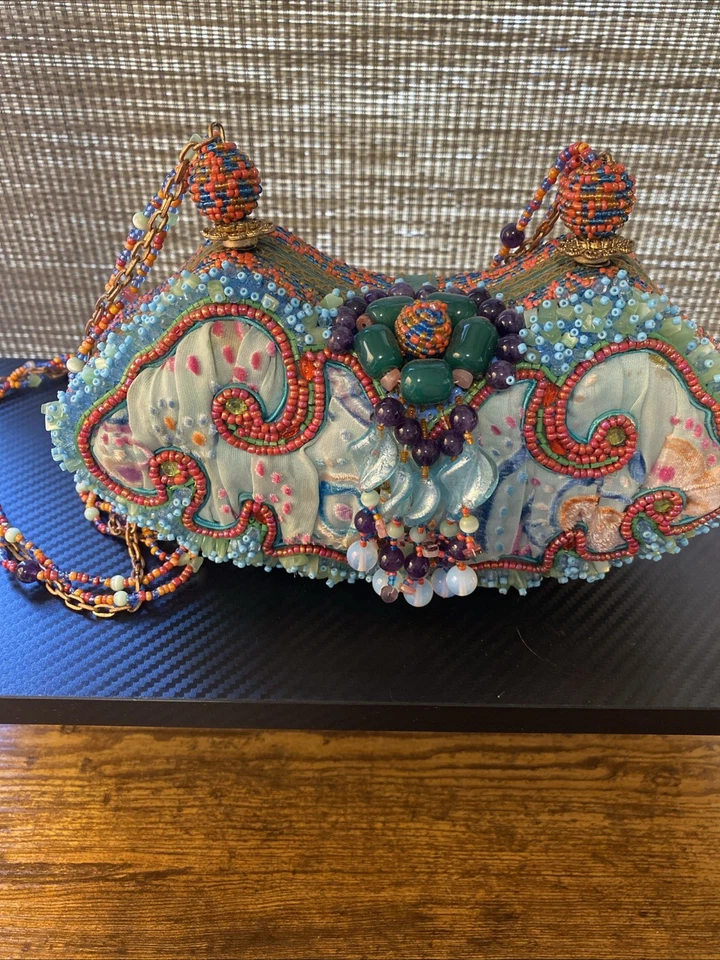 Mary Frances Light Blue Beaded Suede Handbag With Floral Interior Lining - Image 1 of 4