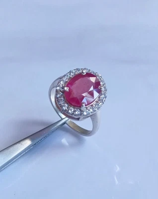 Anello aureola zircone ovale rubino rosso argento sterling 925 gioielli... - Immagine 1 di 4