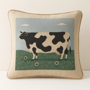 Farmyard Cow Tapestry Cushion with Rope Border + Cushion Pad Options 45x45cm - Picture 1 of 6