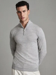 Jersey REISS Blackhall Lana Merino Media Cremallera Cuello Embudo Gris Suave Mouline Talla M - Imagen 1 de 6