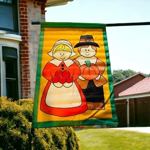Pareja de peregrinos de Acción de Gracias bandera de vacaciones al aire libre yarda vintage 1995 27 x 39 - Imagen 1 de 11