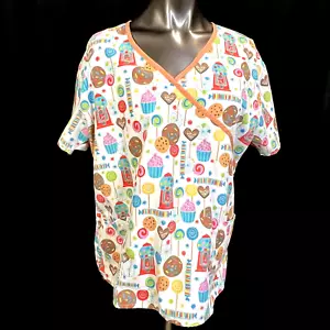 Cassandra O 2X White Multi Color Cup Cakes Cookies Gum Balls Front Pockets Scrub - Picture 1 of 5