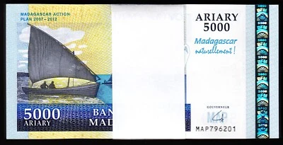Madagascar 5000 Ariary 2007 - 2012, UNC, BUNDLE, Pack of 100 PCS, Comm, P-94 - Image 1 of 4