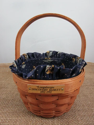 Longaberger DISCOVERY BASKET 1492-1992 Mini Wood Basket Blue liner gold ships Cover